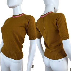 Vintage Women Size S Mustard Yellow Ribbed Knit Pullover Short Sleeve Top Shirt